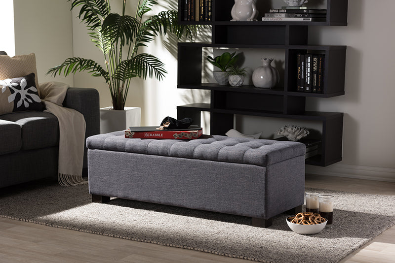 Eleri Modern and Contemporary Dark Gray Fabric Upholstered Grid-Tufting Storage Ottoman Bench