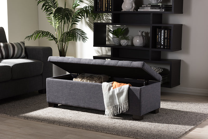 Eleri Modern and Contemporary Dark Gray Fabric Upholstered Grid-Tufting Storage Ottoman Bench