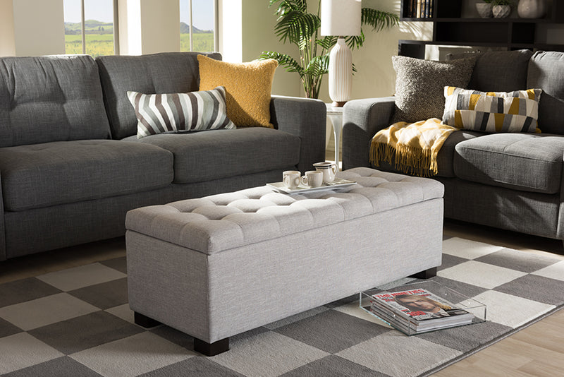 Eleri Modern and Contemporary Grayish Beige Fabric Upholstered Grid-Tufting Storage Ottoman Bench