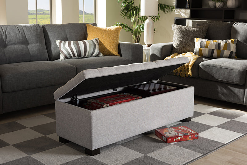 Eleri Modern and Contemporary Grayish Beige Fabric Upholstered Grid-Tufting Storage Ottoman Bench