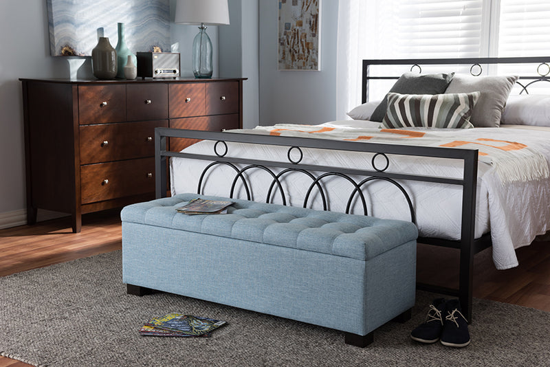 Eleri Modern and Contemporary Light Blue Fabric Upholstered Grid-Tufting Storage Ottoman Bench