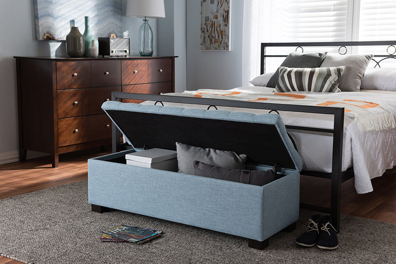 Eleri Modern and Contemporary Light Blue Fabric Upholstered Grid-Tufting Storage Ottoman Bench