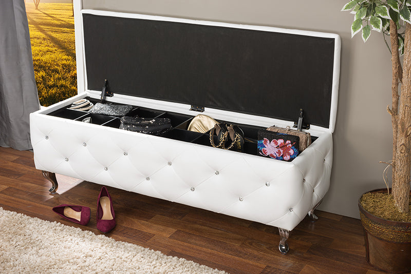 Pabla White Leather Contemporary Storage Ottoman