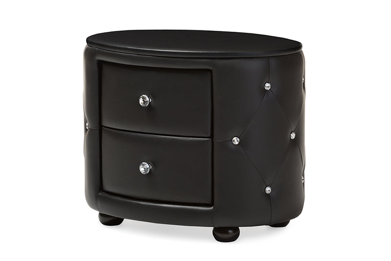 Proxy Hollywood Glamour Style Oval 2-drawer Black Faux Leather Nightstand