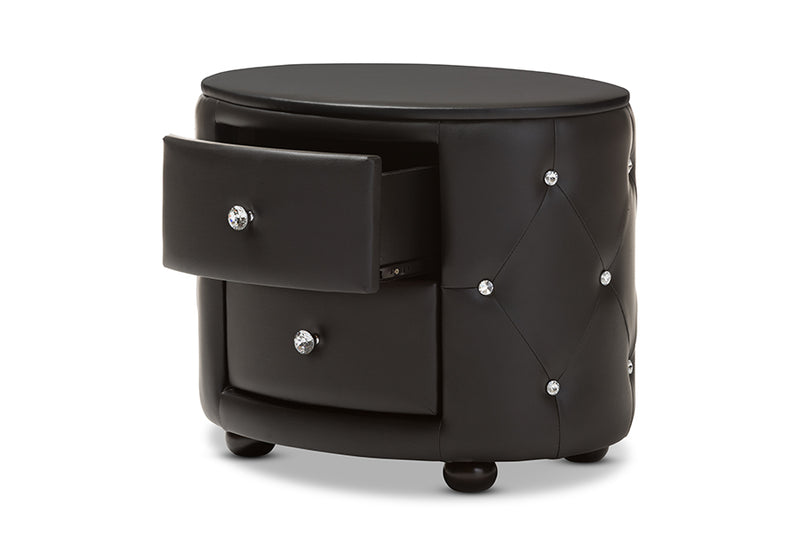 Proxy Hollywood Glamour Style Oval 2-drawer Black Faux Leather Nightstand