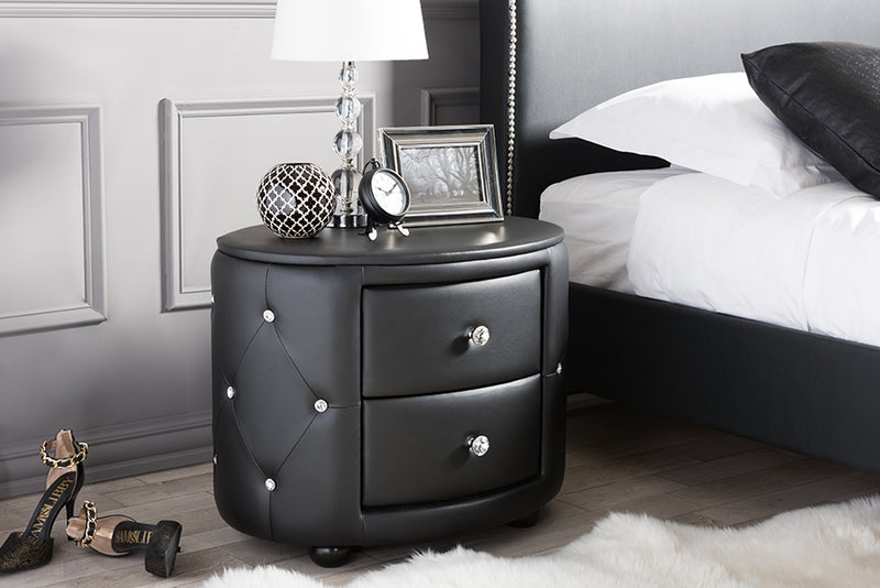 Proxy Hollywood Glamour Style Oval 2-drawer Black Faux Leather Nightstand