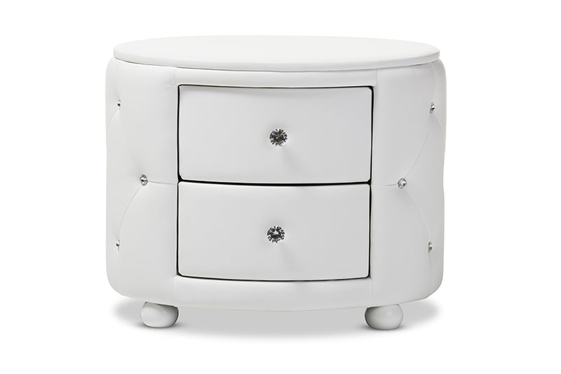 Proxy Hollywood Glamour Style Oval 2-drawer White Faux Leather Nightstand