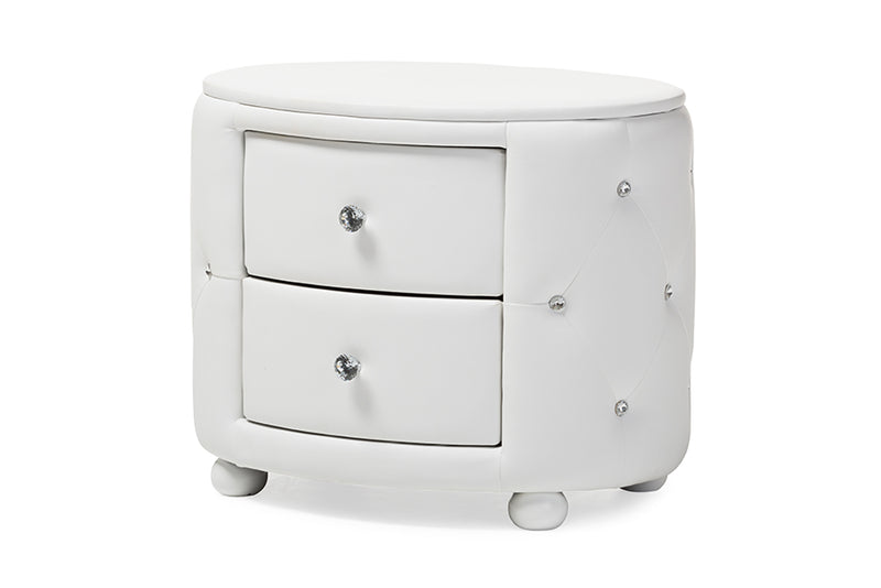 Proxy Hollywood Glamour Style Oval 2-drawer White Faux Leather Nightstand