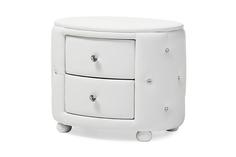 Proxy Hollywood Glamour Style Oval 2-drawer White Faux Leather Nightstand Baxton