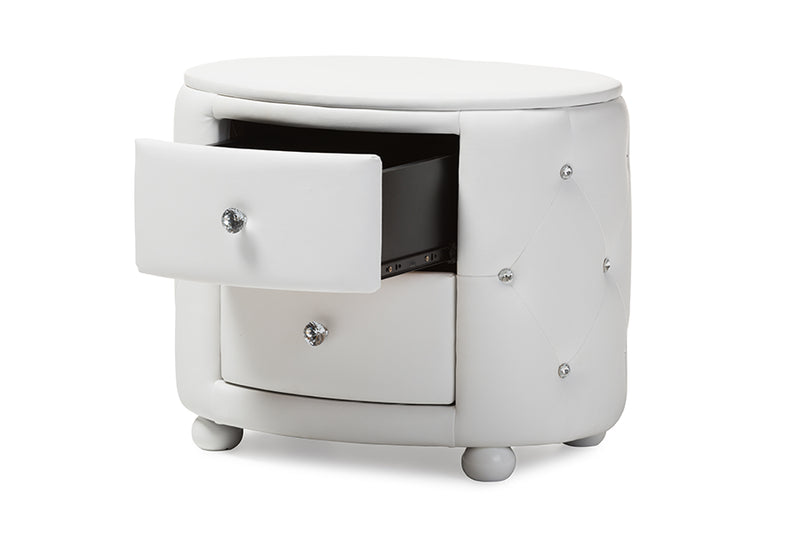 Proxy Hollywood Glamour Style Oval 2-drawer White Faux Leather Nightstand