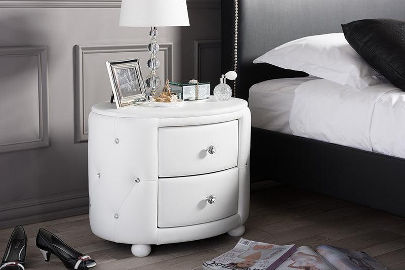 Proxy Hollywood Glamour Style Oval 2-drawer White Faux Leather Nightstand