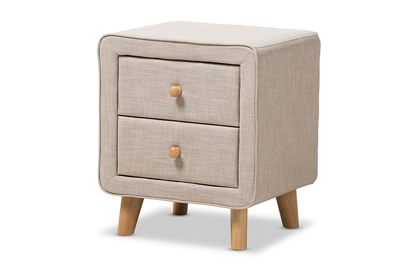 Fadri Mid-Century Beige Linen Upholstered 2-Drawer Nightstand