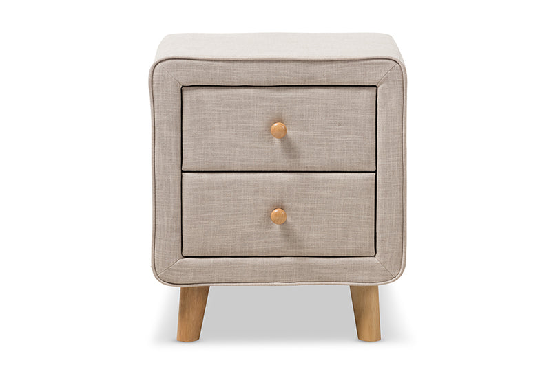 Fadri Mid-Century Beige Linen Upholstered 2-Drawer Nightstand