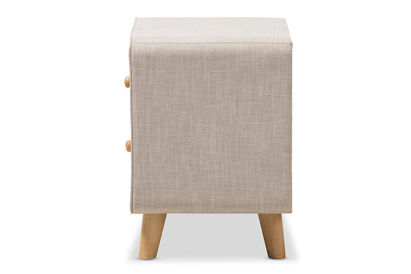 Fadri Mid-Century Beige Linen Upholstered 2-Drawer Nightstand