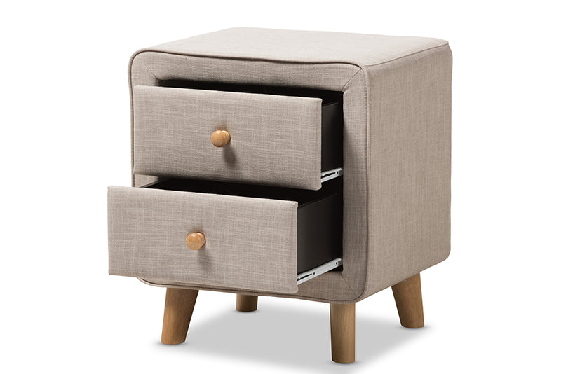 Fadri Mid-Century Beige Linen Upholstered 2-Drawer Nightstand