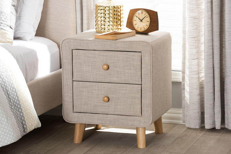 Fadri Mid-Century Beige Linen Upholstered 2-Drawer Nightstand