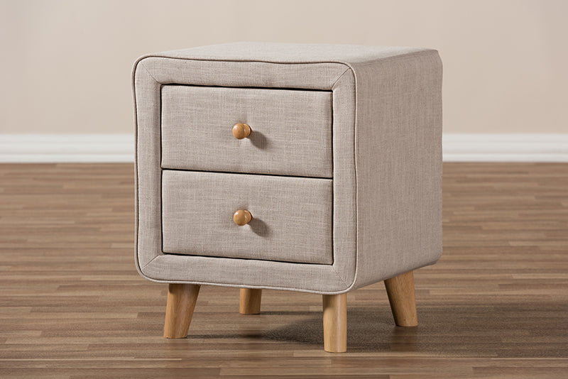 Fadri Mid-Century Beige Linen Upholstered 2-Drawer Nightstand