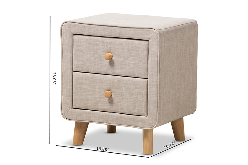 Fadri Mid-Century Beige Linen Upholstered 2-Drawer Nightstand