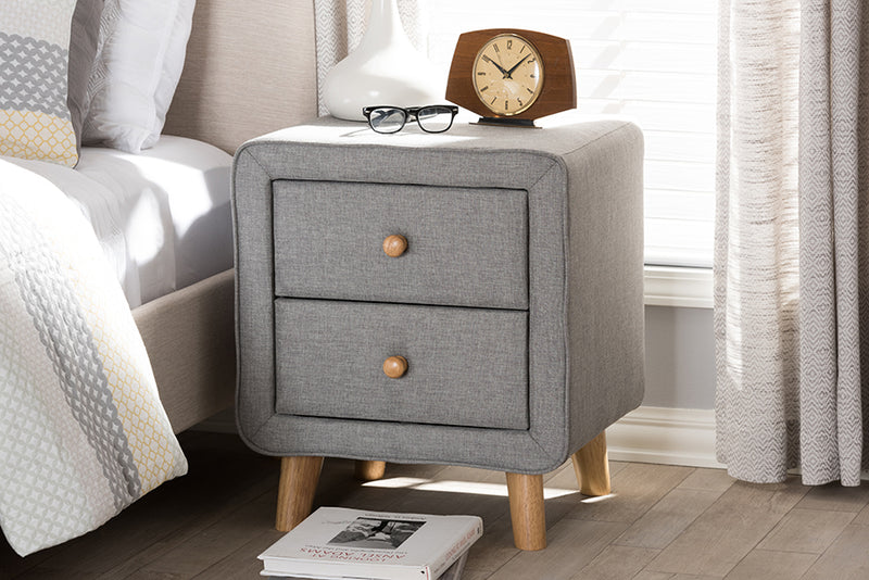 Fadri Mid-Century Gray Fabric Upholstered 2-Drawer Nightstand