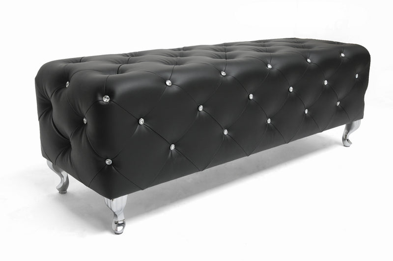 Octavia Crystal Tufted Black Leather Bench