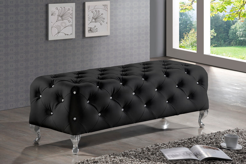 Octavia Crystal Tufted Black Leather Bench