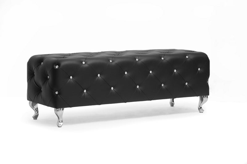 Octavia Crystal Tufted Black Leather Bench