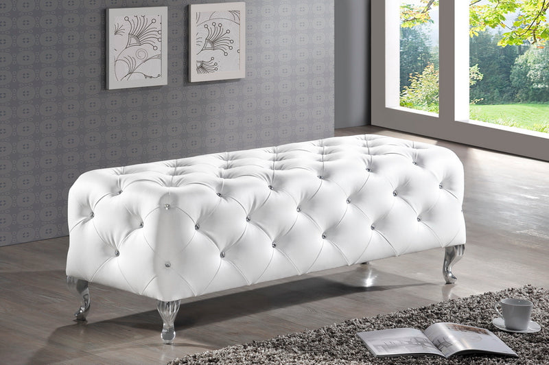 Octavia Crystal Tufted White Leather Bench