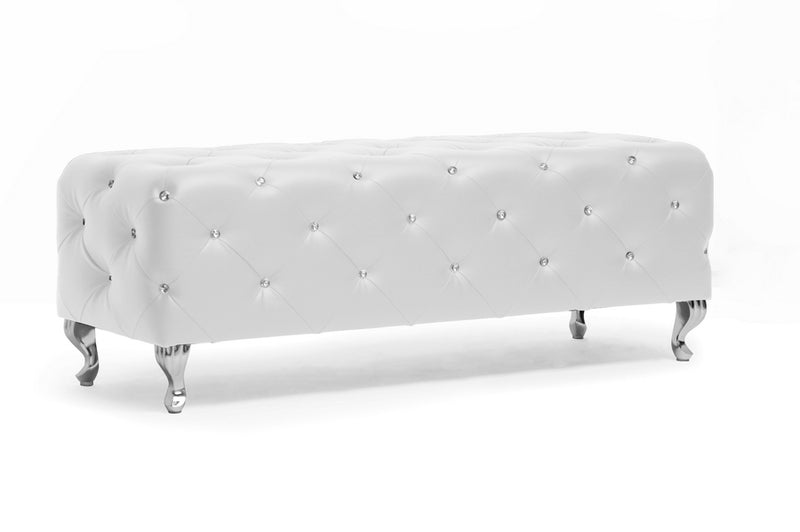 Octavia Crystal Tufted White Leather Bench