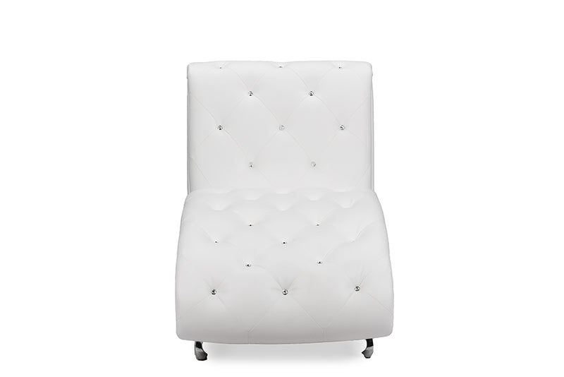 Monte Contemporary White Faux Leather Upholstered Crystal Button Tufted Chaise