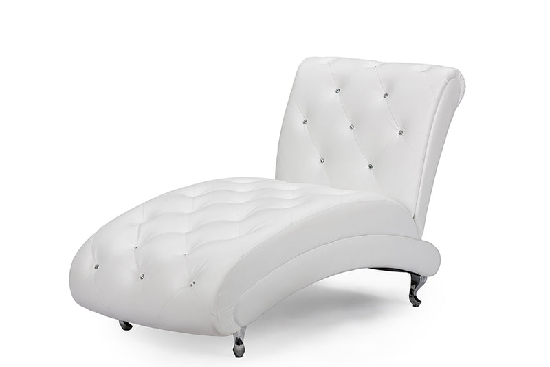 Monte Contemporary White Faux Leather Upholstered Crystal Button Tufted Chaise