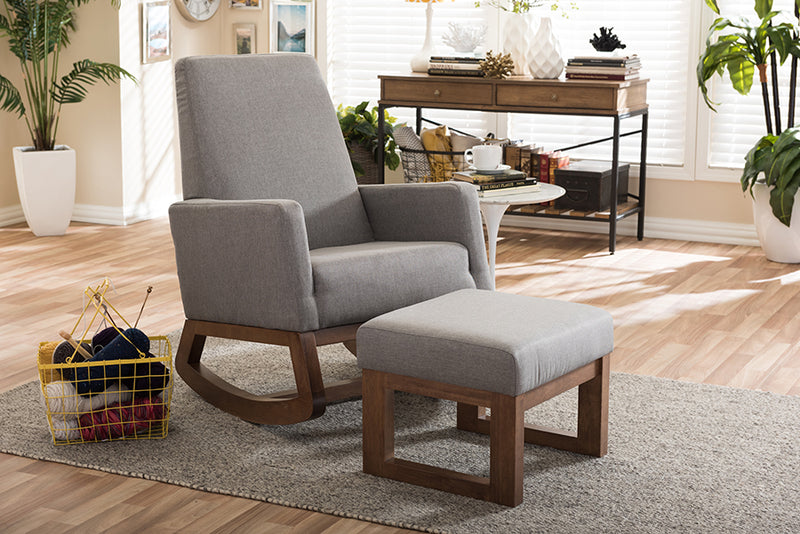 Roana Mid-century Retro Modern Gray Fabric Upholstered Rocking Chair and Ottoman Set