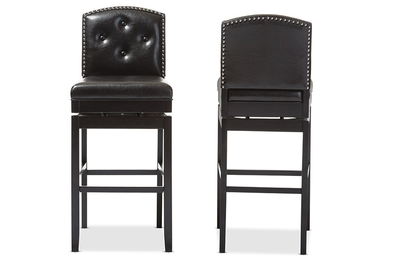 Rosie Dark Brown Faux Leather Button-tufted Swivel Bar Stool (Set of 2) Baxton