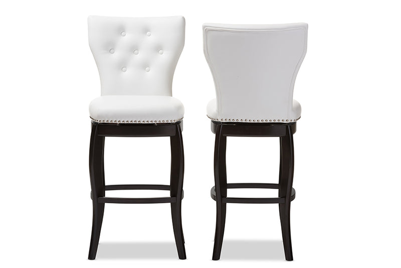 Bayan Modern and Contemporary White Faux Leather Upholstered Button-tufted 29-Inch 2-Piece Swivel Bar Stool Set