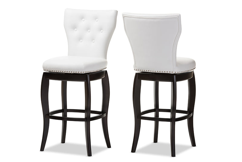 Bayan Modern and Contemporary White Faux Leather Upholstered Button-tufted 29-Inch 2-Piece Swivel Bar Stool Set