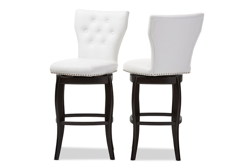 Bayan Modern and Contemporary White Faux Leather Upholstered Button-tufted 29-Inch 2-Piece Swivel Bar Stool Set