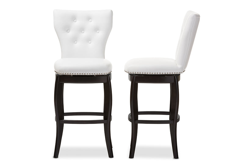 Bayan Modern and Contemporary White Faux Leather Upholstered Button-tufted 29-Inch 2-Piece Swivel Bar Stool Set