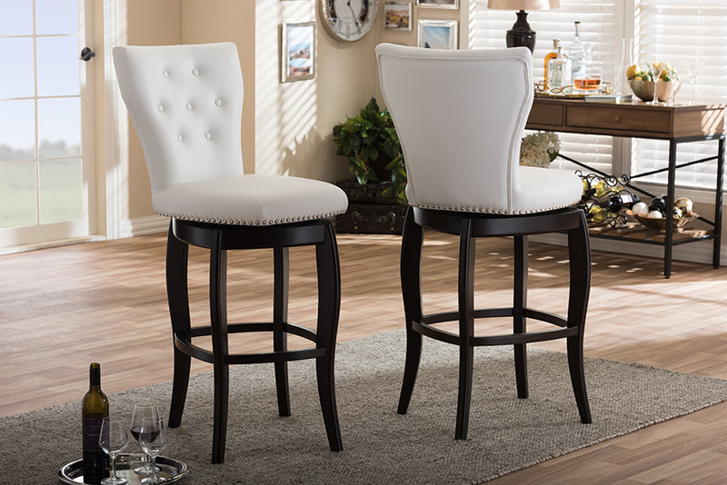 Bayan Modern and Contemporary White Faux Leather Upholstered Button-tufted 29-Inch 2-Piece Swivel Bar Stool Set