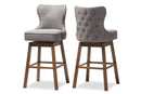 Putri Brown Wood Gray Fabric Button-Tufted 2Pc Swivel Barstool Set Baxton