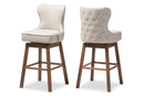 Putri Brown Wood Light Beige Fabric Button-Tufted 2Pc Swivel Barstool Set Baxton