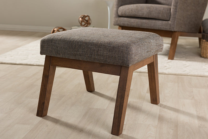Nina Walnut Wood Finishing and Gravel Fabric Upholstered Ottoman Baxton