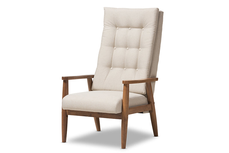 Sebastian Mid-Century Modern Walnut Brown Finish Wood and Light Beige Fabric Upholstered Button-Tufted High-Back Chair