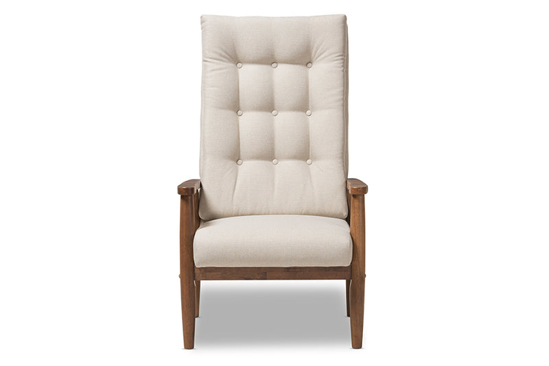 Sebastian Mid-Century Modern Walnut Brown Finish Wood and Light Beige Fabric Upholstered Button-Tufted High-Back Chair