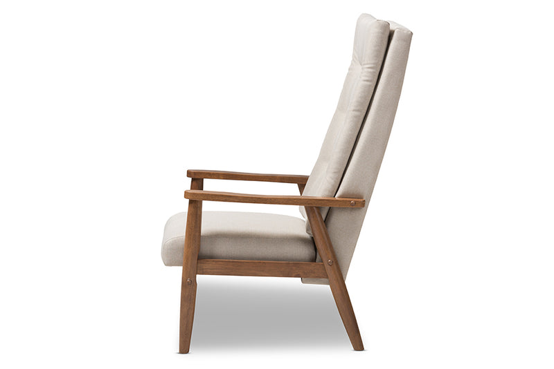 Sebastian Mid-Century Modern Walnut Brown Finish Wood and Light Beige Fabric Upholstered Button-Tufted High-Back Chair