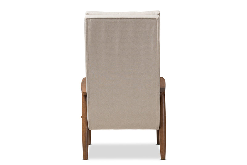 Sebastian Mid-Century Modern Walnut Brown Finish Wood and Light Beige Fabric Upholstered Button-Tufted High-Back Chair