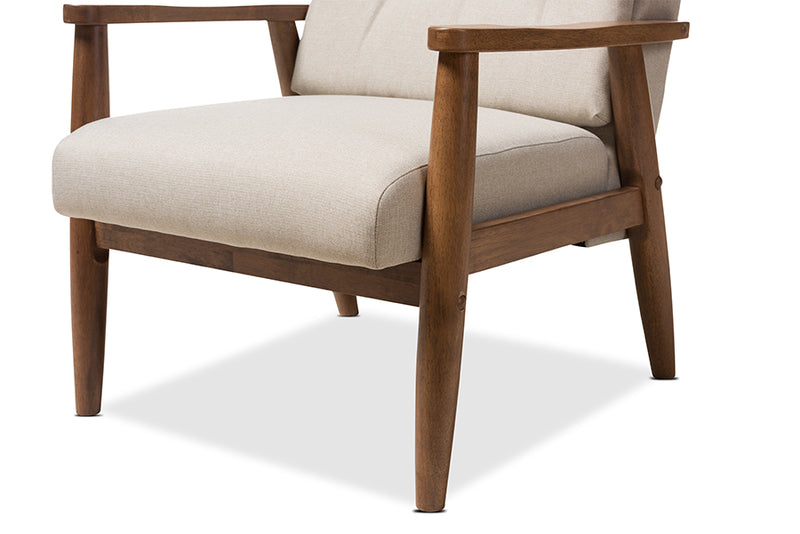 Sebastian Mid-Century Modern Walnut Brown Finish Wood and Light Beige Fabric Upholstered Button-Tufted High-Back Chair