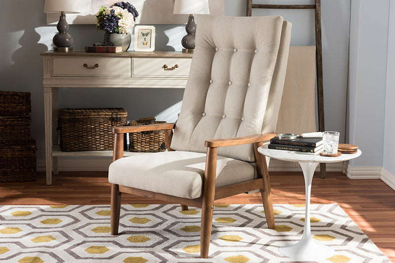 Sebastian Mid-Century Modern Walnut Brown Finish Wood and Light Beige Fabric Upholstered Button-Tufted High-Back Chair