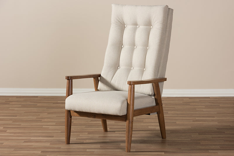 Sebastian Mid-Century Modern Walnut Brown Finish Wood and Light Beige Fabric Upholstered Button-Tufted High-Back Chair