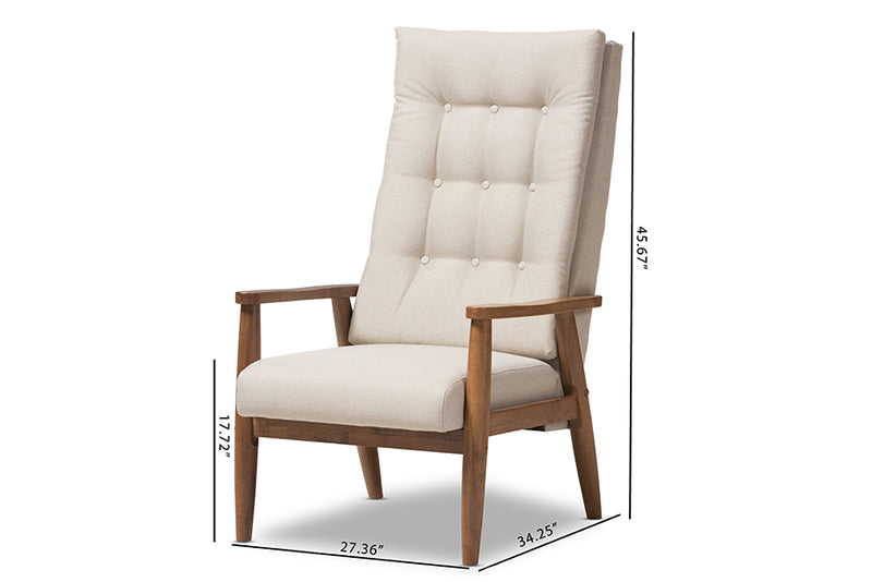 Sebastian Mid-Century Modern Walnut Brown Finish Wood and Light Beige Fabric Upholstered Button-Tufted High-Back Chair