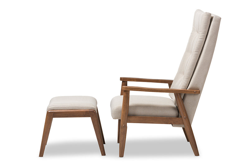 Sebastian Mid-Century Walnut Wood/Light Beige Fabric Button-Tufted High-Back Lounge Chair and Ottoman Set