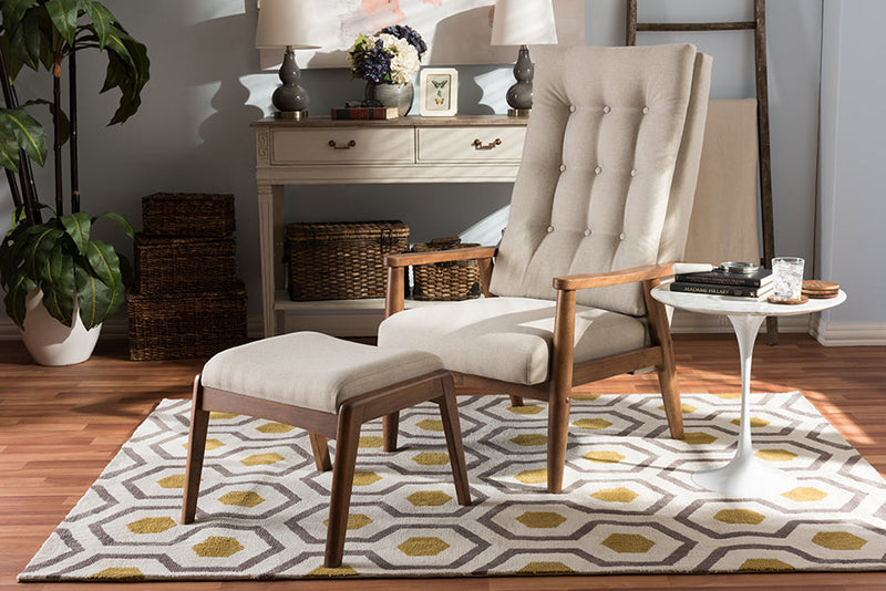 Sebastian Walnut Wood/Light Beige Fabric High-Back Lounge Chair and Ottoman Set Baxton